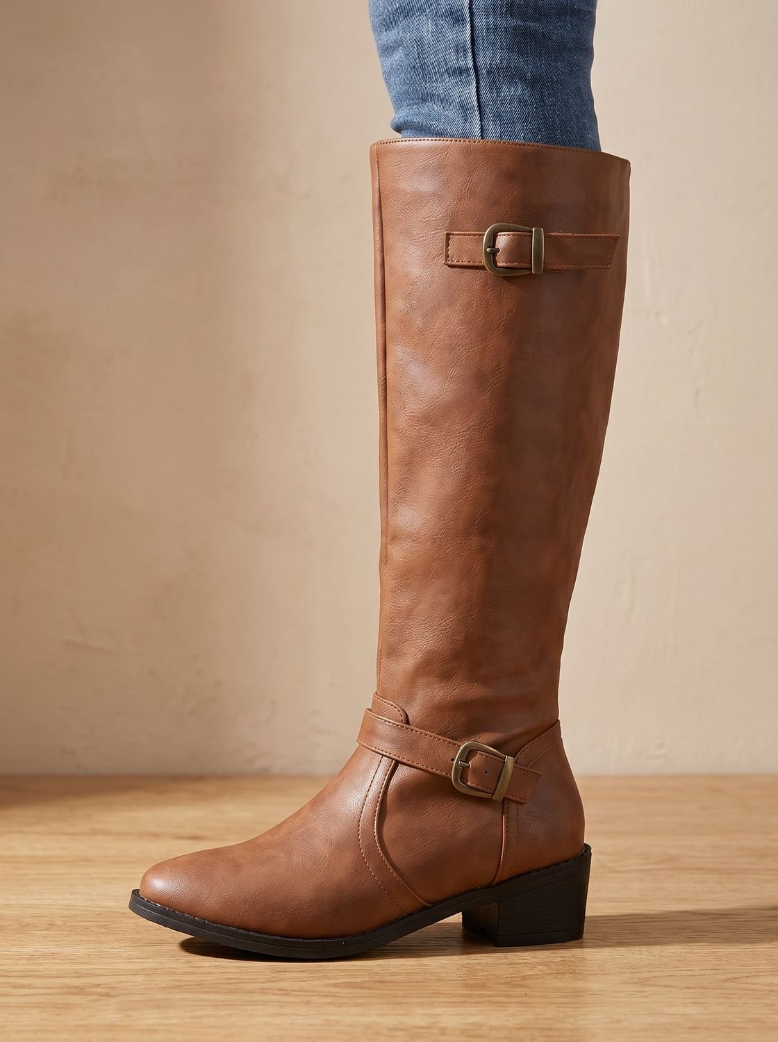 Women's Knee-High Equestrian Boots with Antique Buckle Straps