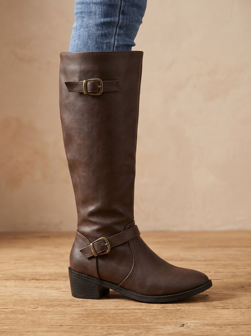Women's Knee-High Equestrian Boots with Antique Buckle Straps