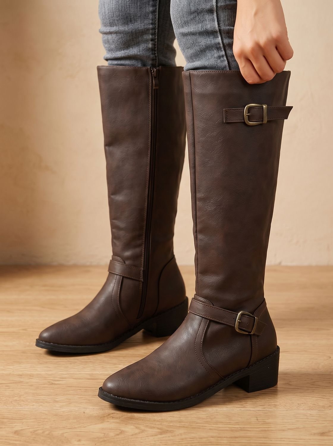 Women's Knee-High Equestrian Boots with Antique Buckle Straps