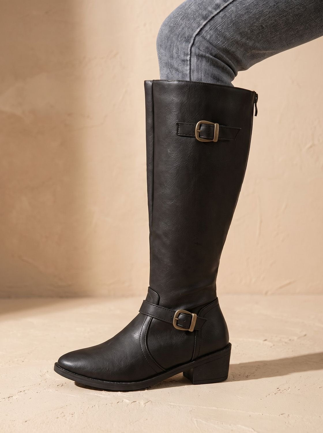 Women's Knee-High Equestrian Boots with Antique Buckle Straps