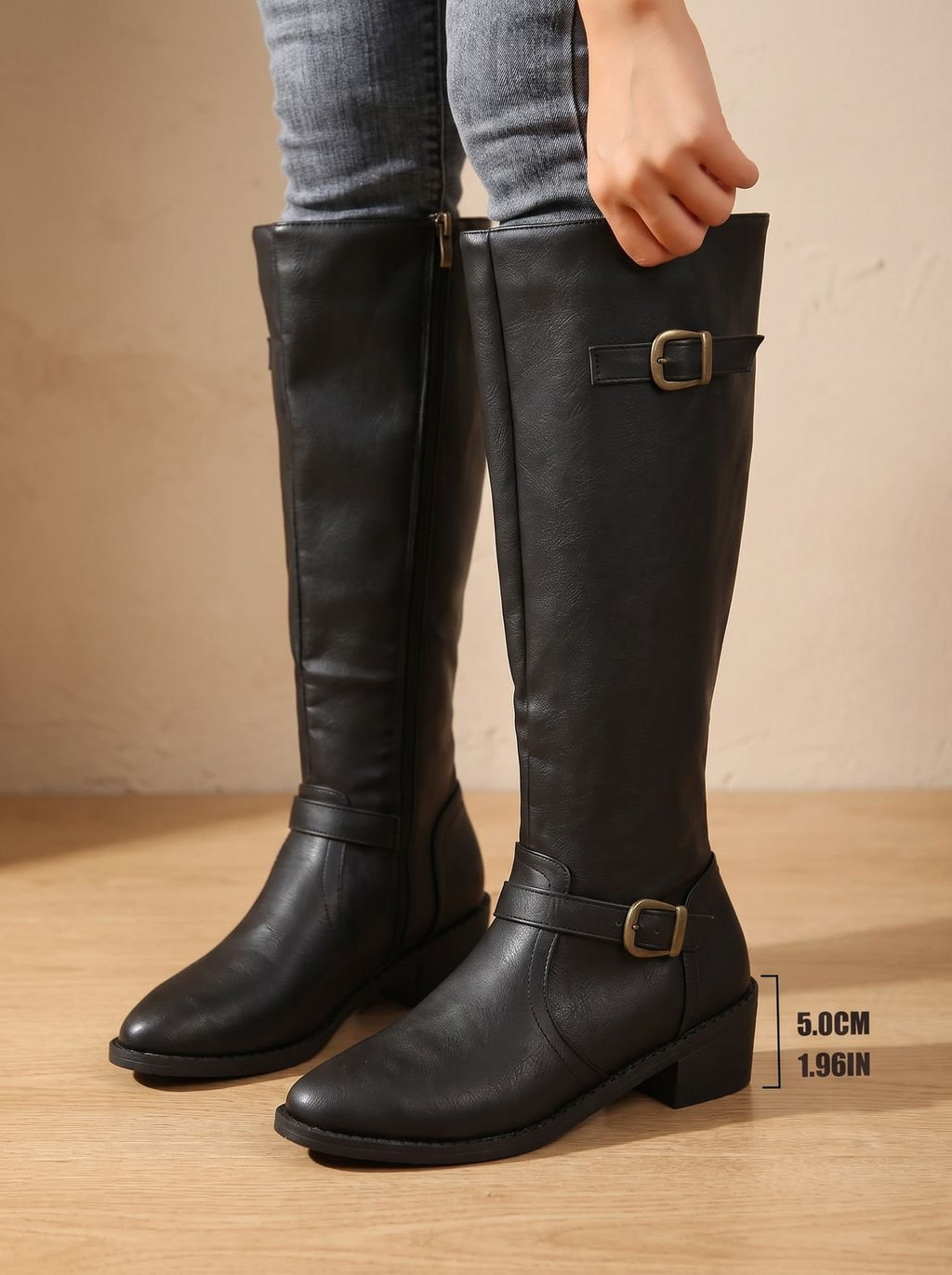 Women's Knee-High Equestrian Boots with Antique Buckle Straps