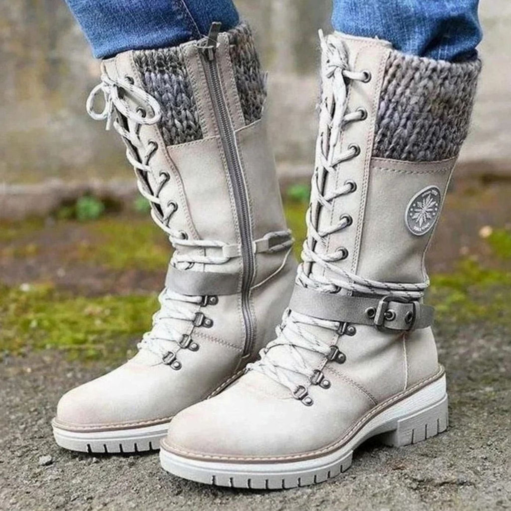 Women's Treaded Sole Knit Cuff Lace-Up Winter Boots