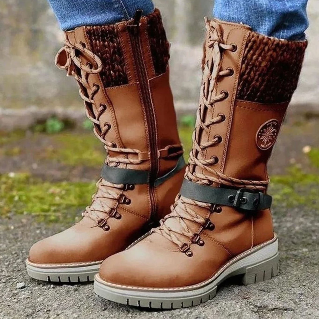 Women's Treaded Sole Knit Cuff Lace-Up Winter Boots