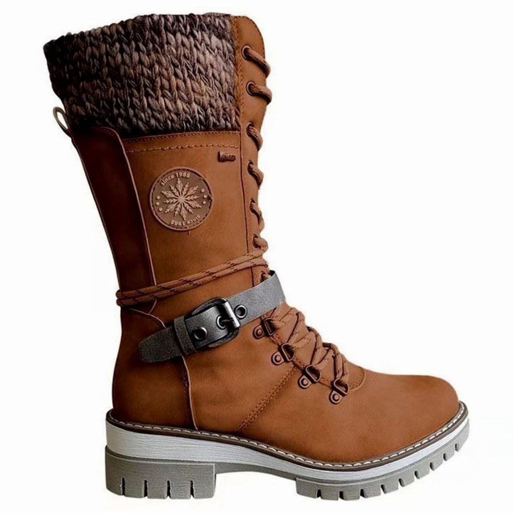 Women's Treaded Sole Knit Cuff Lace-Up Winter Boots