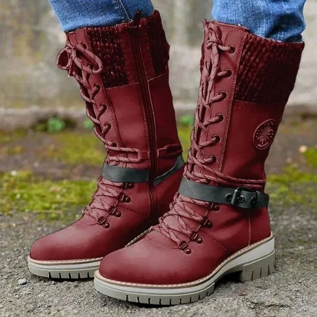 Women's Treaded Sole Knit Cuff Lace-Up Winter Boots