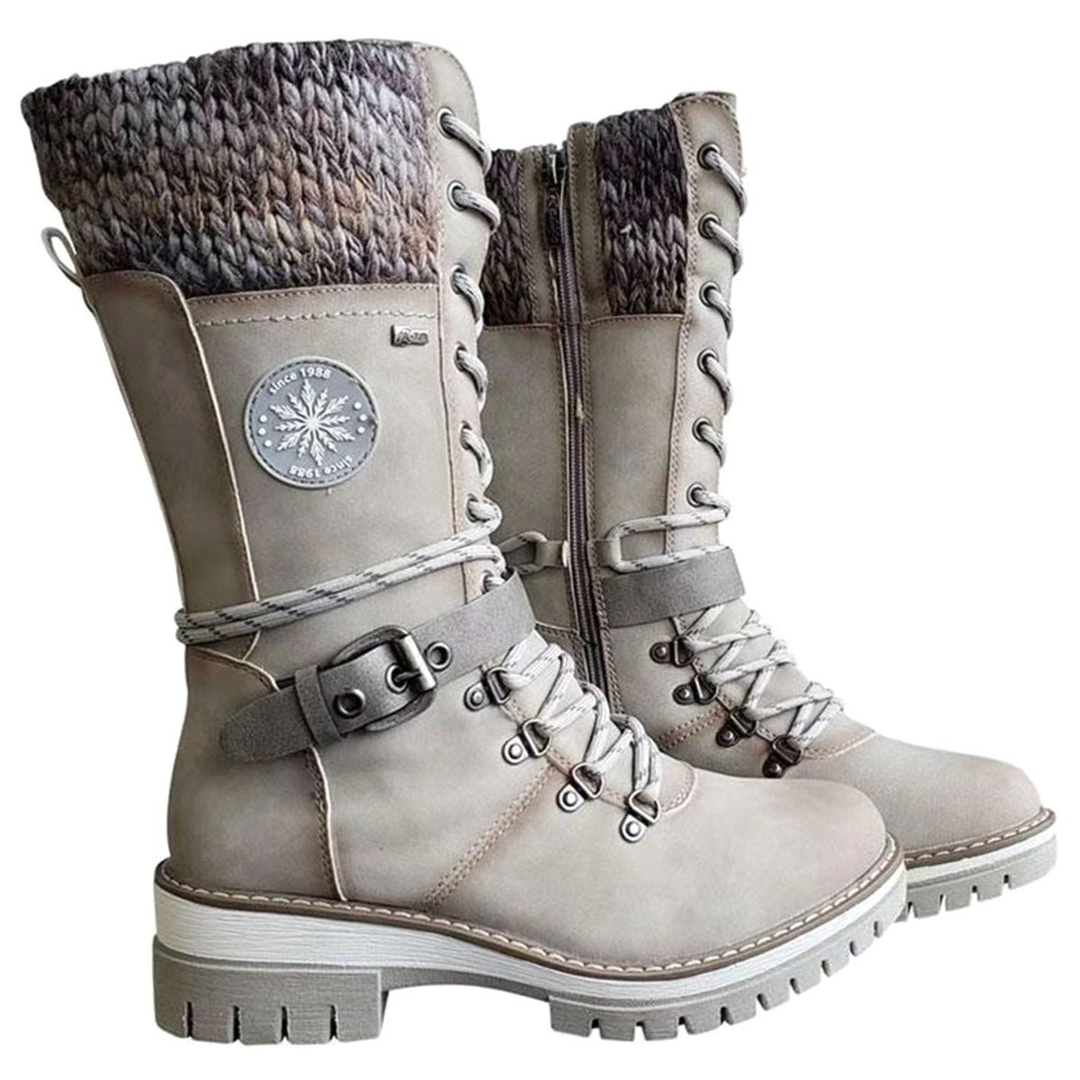 Women's Treaded Sole Knit Cuff Lace-Up Winter Boots
