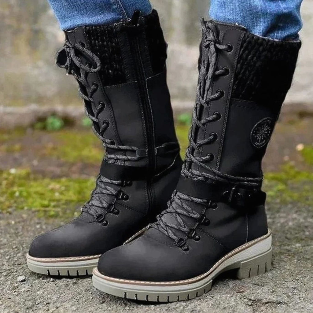 Women's Treaded Sole Knit Cuff Lace-Up Winter Boots