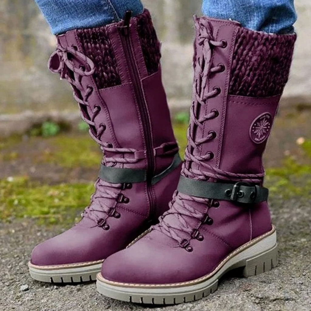 Women's Treaded Sole Knit Cuff Lace-Up Winter Boots