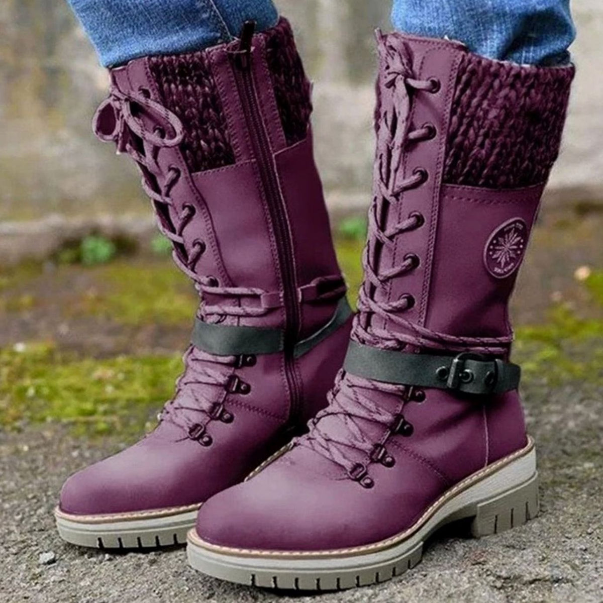 Women's Treaded Sole Knit Cuff Lace-Up Winter Boots