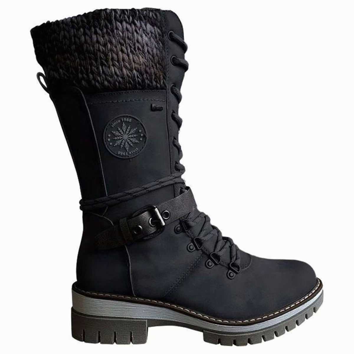 Women's Treaded Sole Knit Cuff Lace-Up Winter Boots