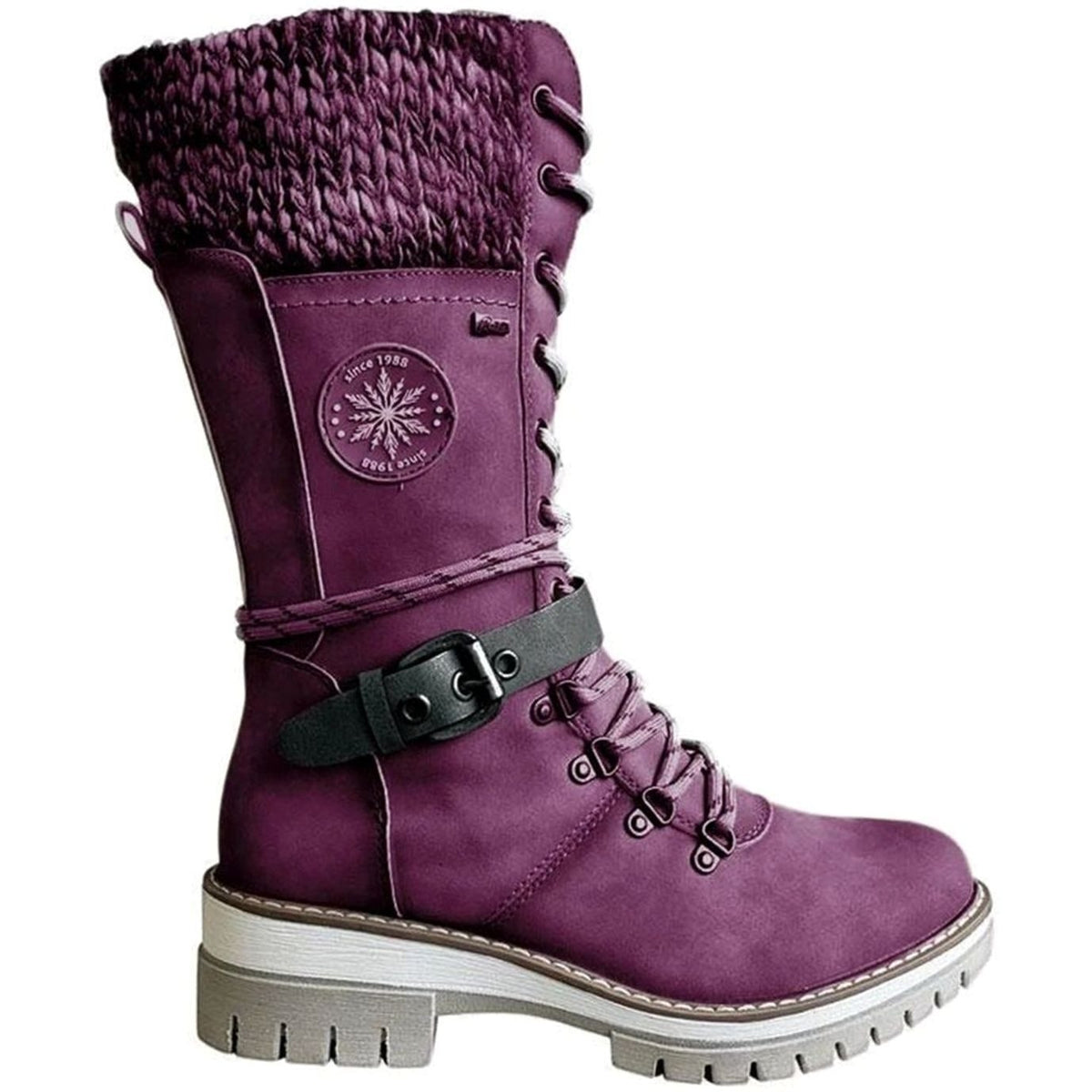 Women's Treaded Sole Knit Cuff Lace-Up Winter Boots