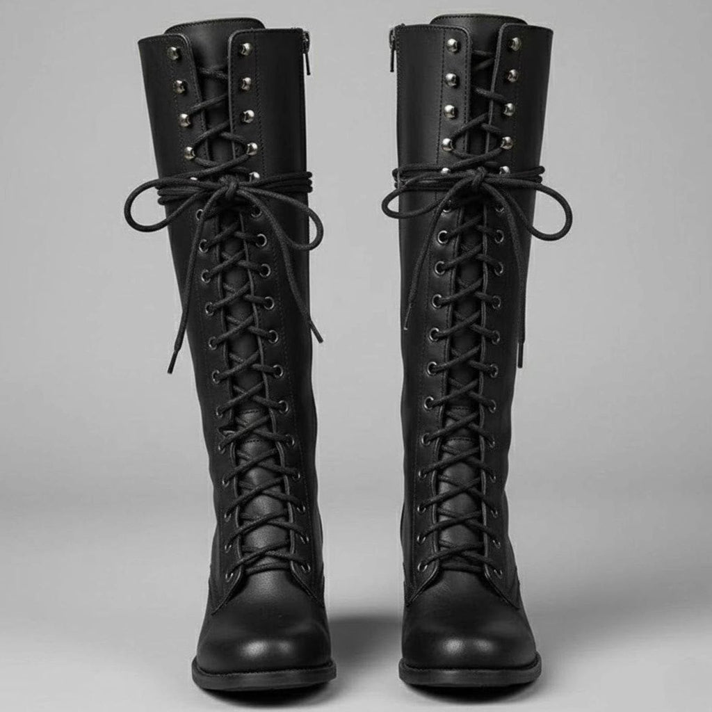 Women's Studded Faux Leather Lace-Up Tall Boots with Side Zip