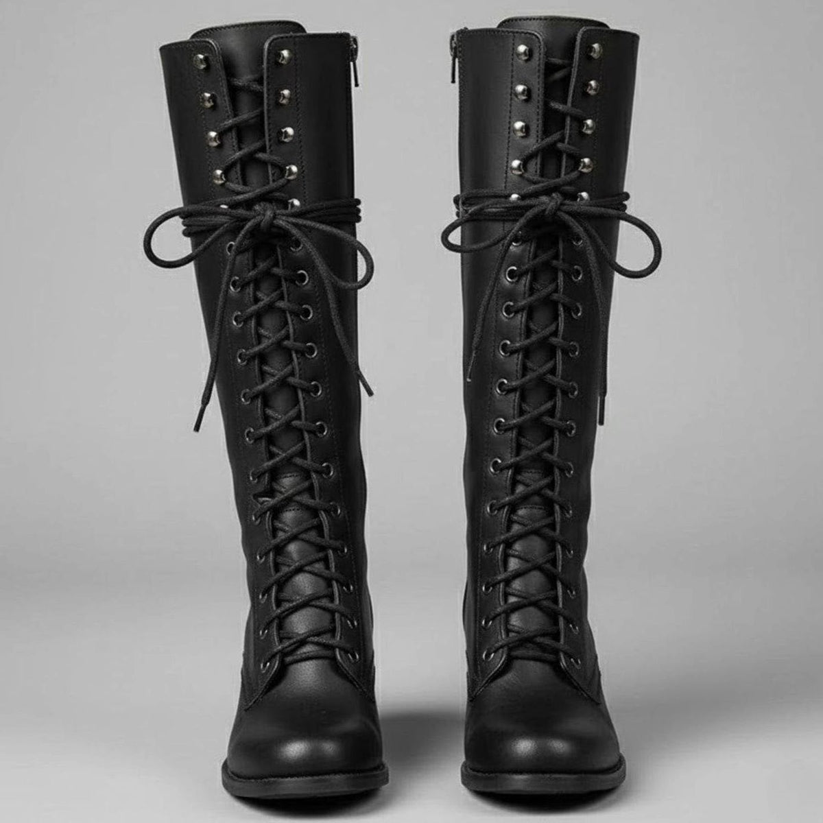 Women's Studded Faux Leather Lace-Up Tall Boots with Side Zip