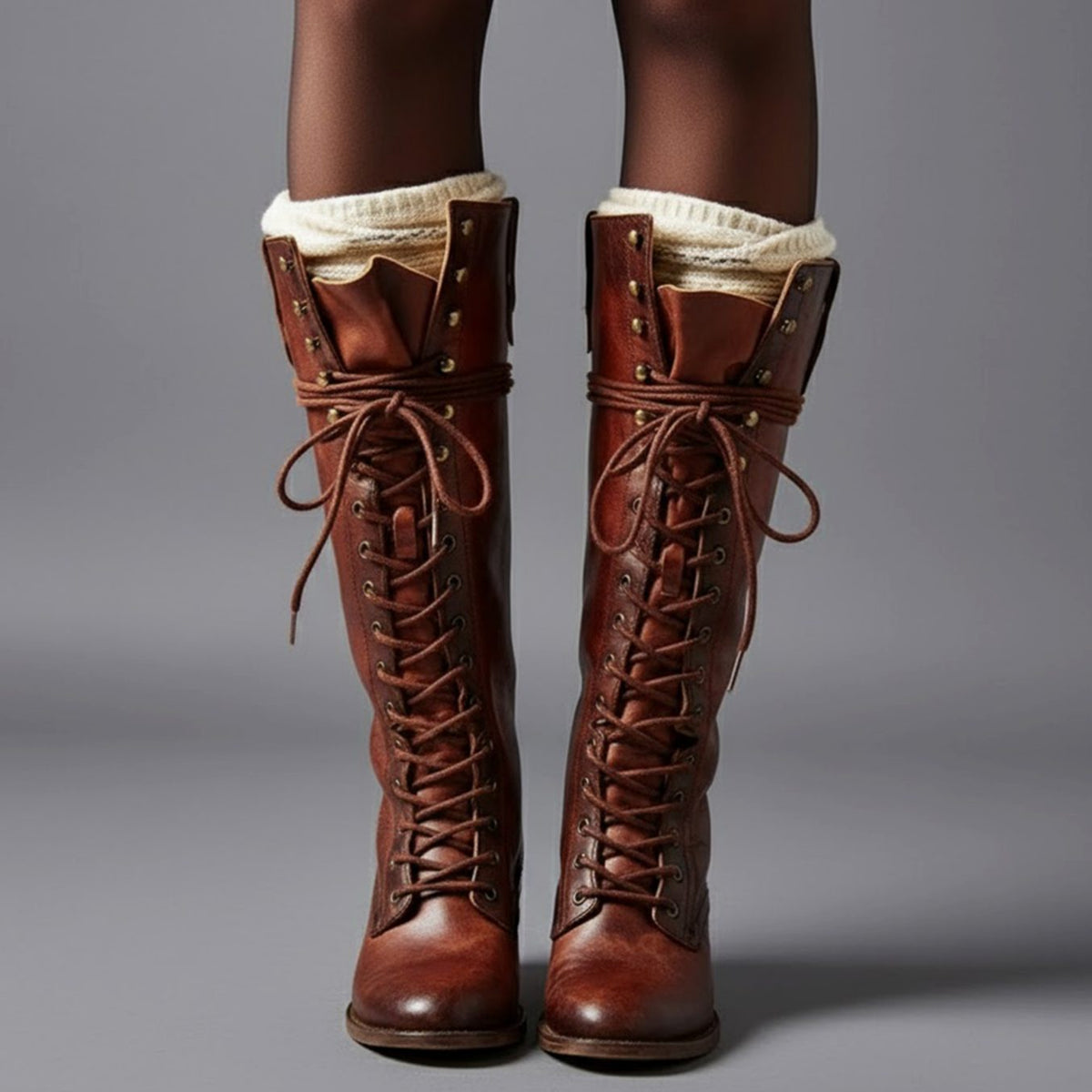 Women's Studded Faux Leather Lace-Up Tall Boots with Side Zip