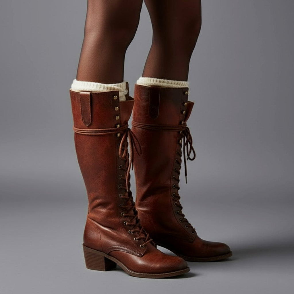 Women's Studded Faux Leather Lace-Up Tall Boots with Side Zip