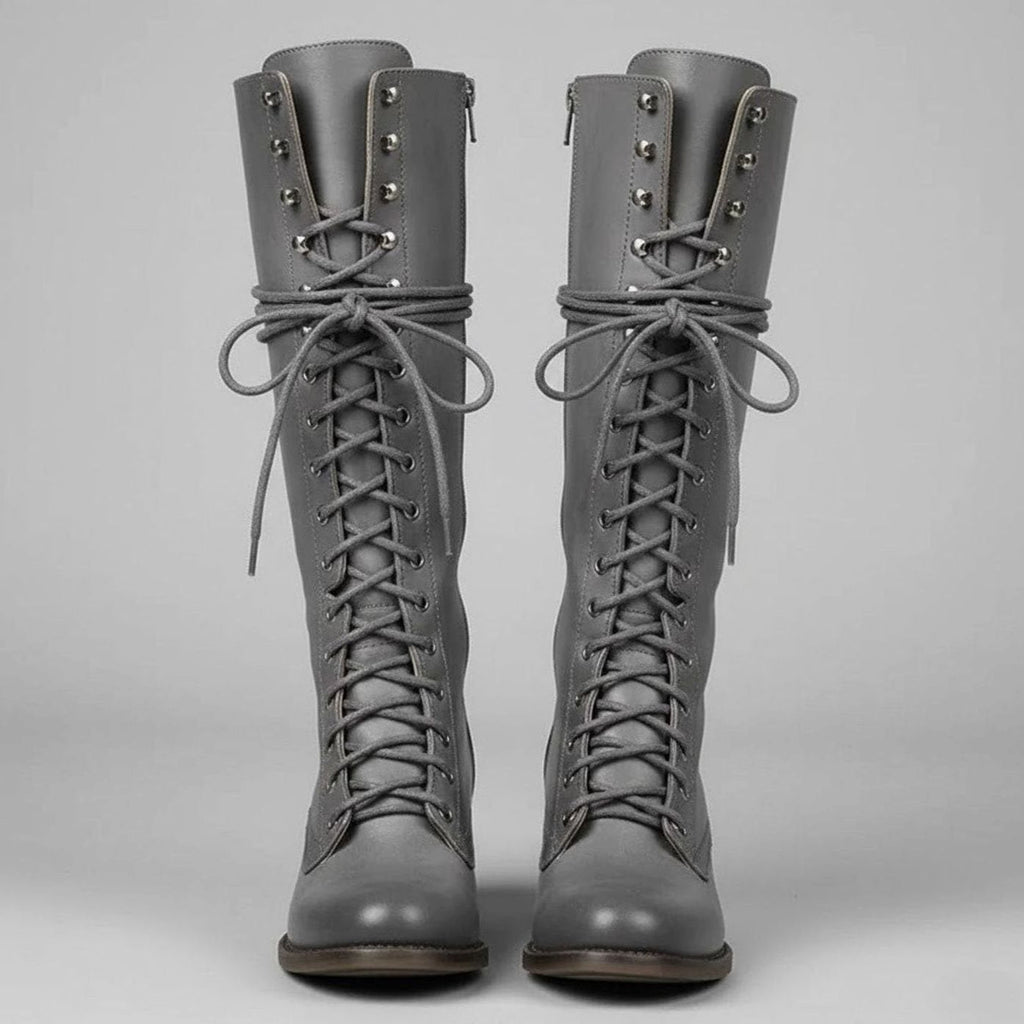 Women's Studded Faux Leather Lace-Up Tall Boots with Side Zip