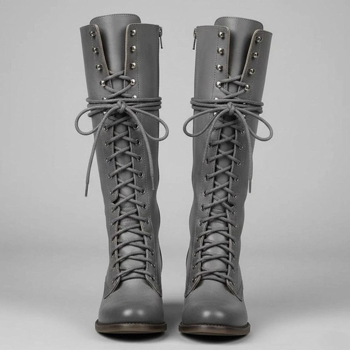 Women's Studded Faux Leather Lace-Up Tall Boots with Side Zip