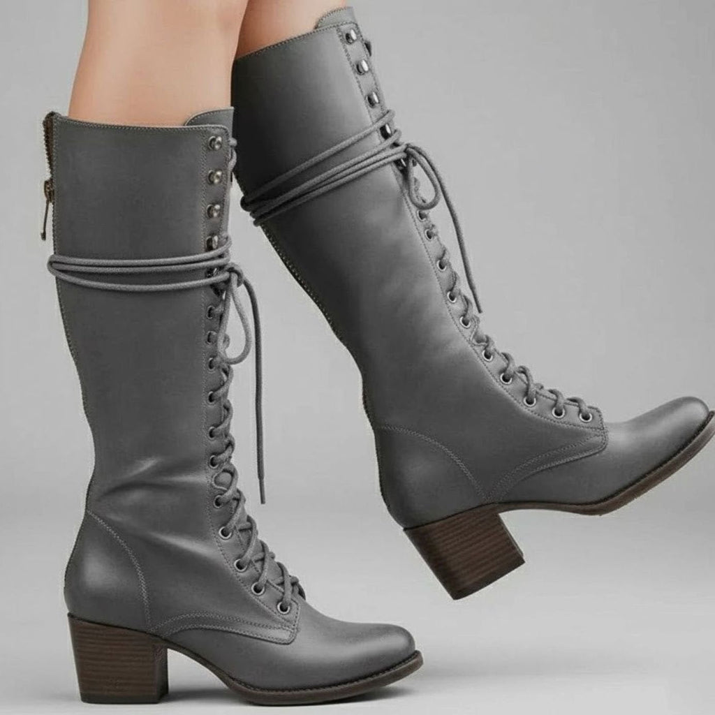 Women's Studded Faux Leather Lace-Up Tall Boots with Side Zip