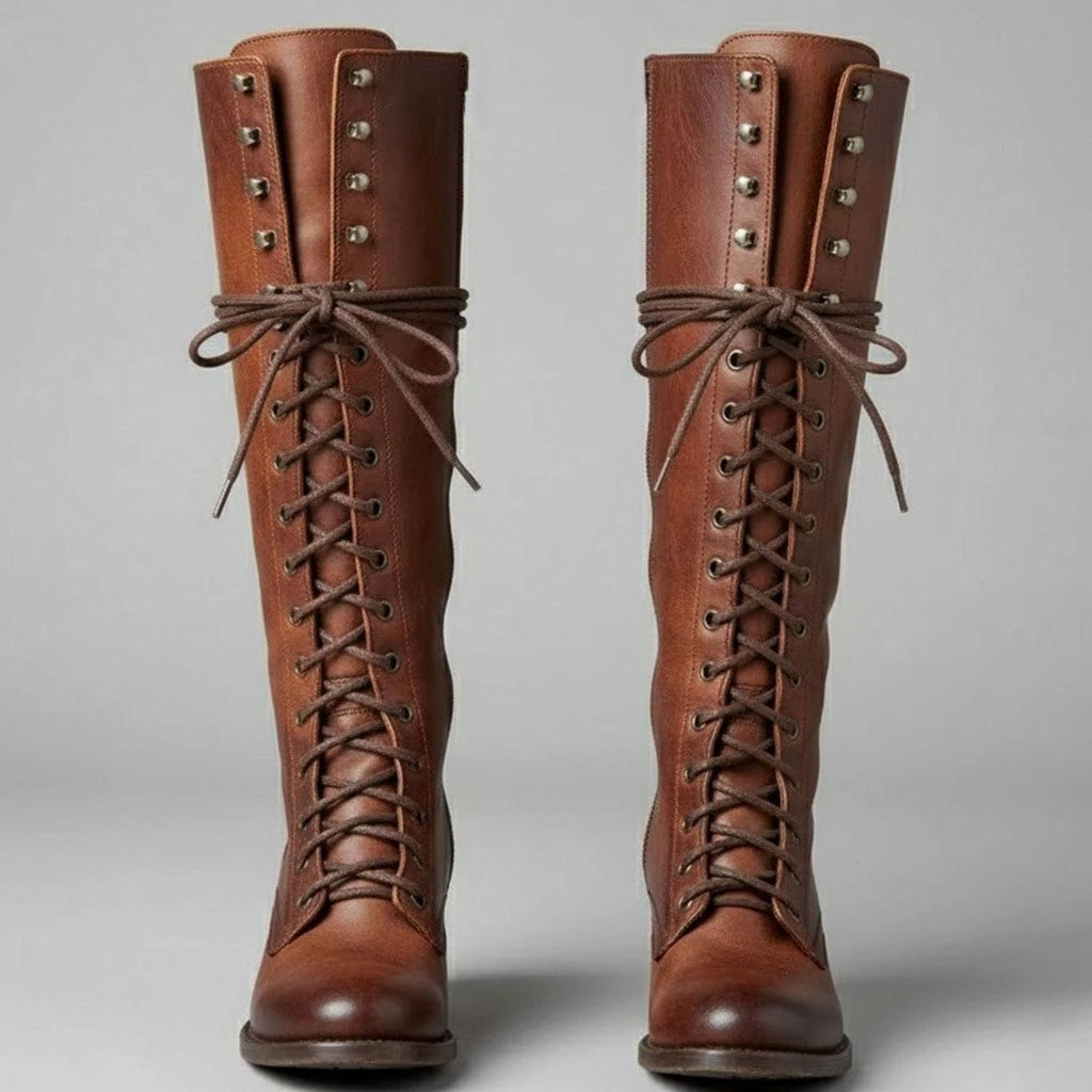 Women's Studded Faux Leather Lace-Up Tall Boots with Side Zip