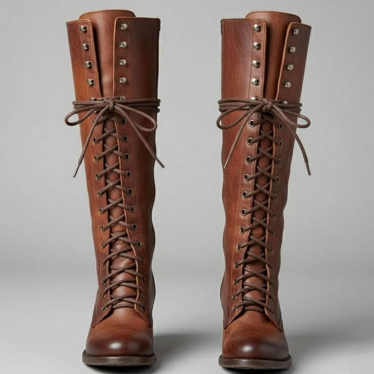 Women's Studded Faux Leather Lace-Up Tall Boots with Side Zip