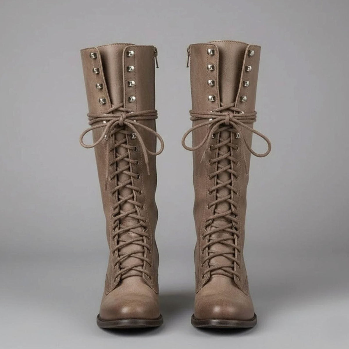 Women's Studded Faux Leather Lace-Up Tall Boots with Side Zip
