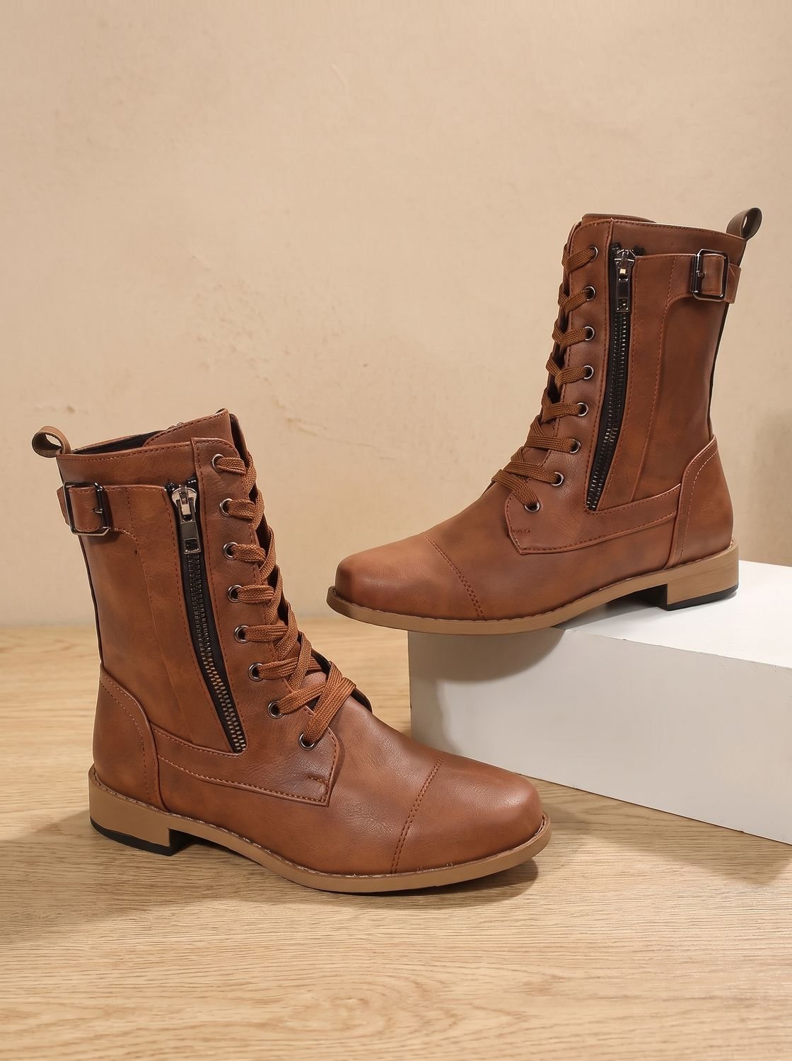 Women's Faux Leather Mid-Calf Combat Boots with Round Toe