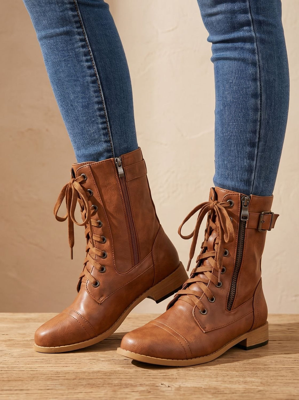 Women's Faux Leather Mid-Calf Combat Boots with Round Toe