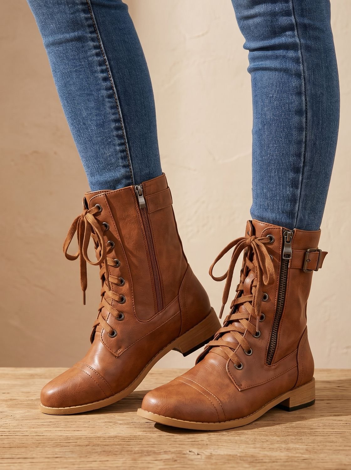 Women's Faux Leather Mid-Calf Combat Boots with Round Toe