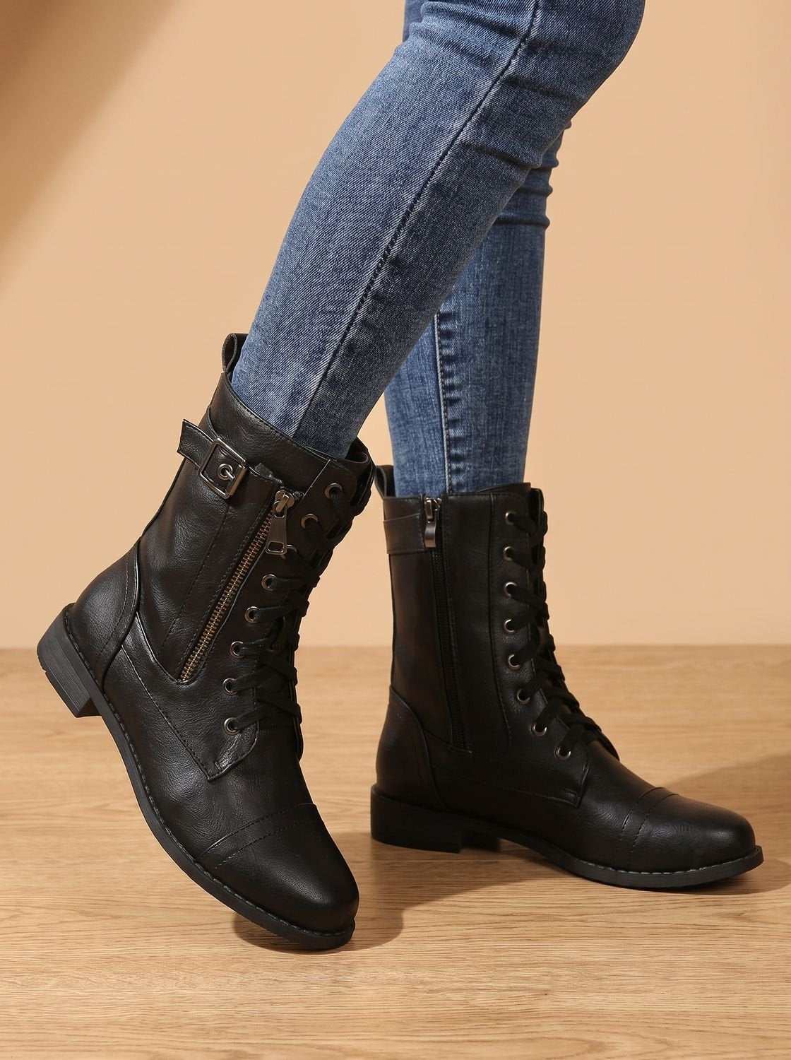 Women's Faux Leather Mid-Calf Combat Boots with Round Toe