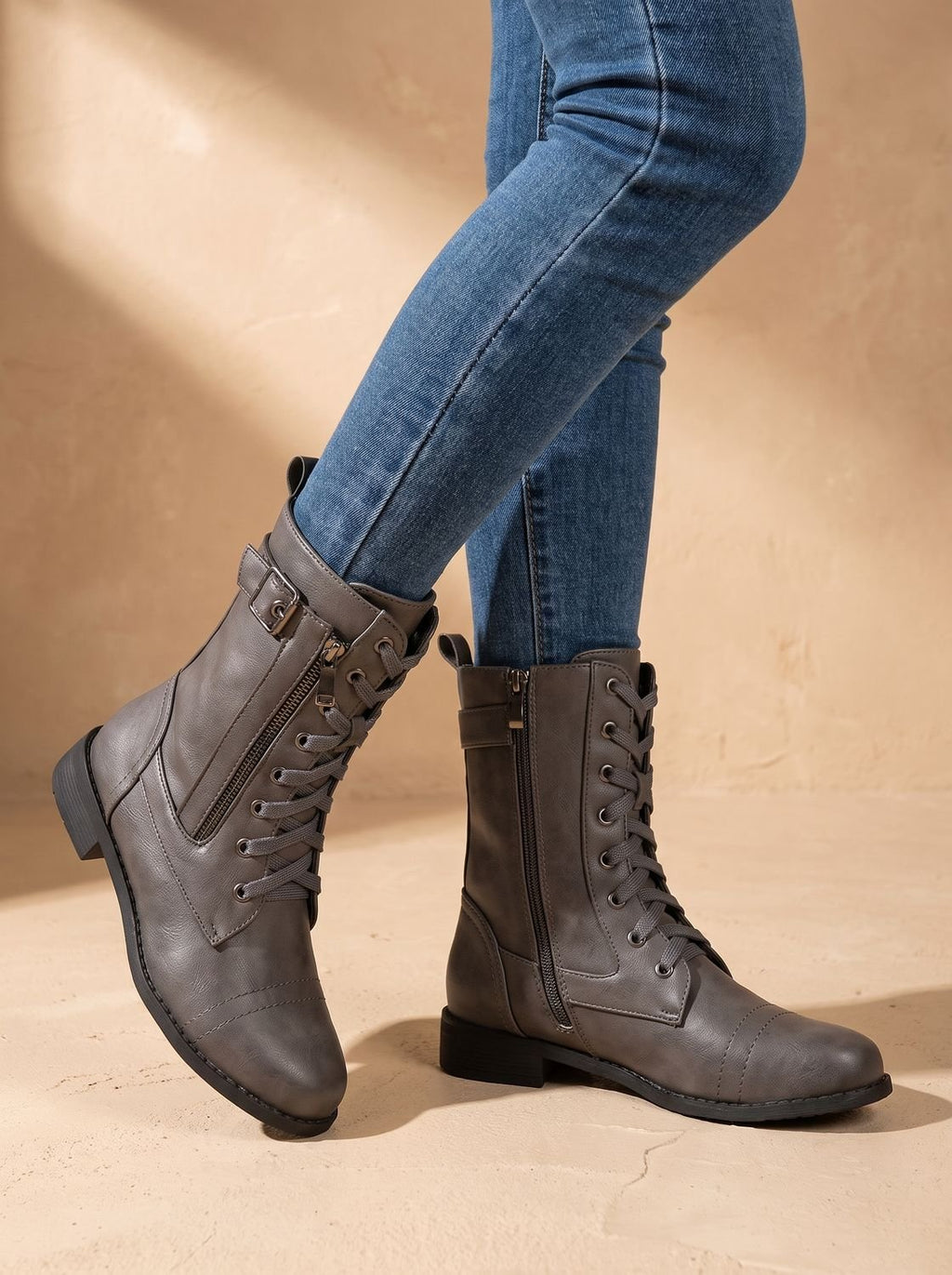 Women's Faux Leather Mid-Calf Combat Boots with Round Toe