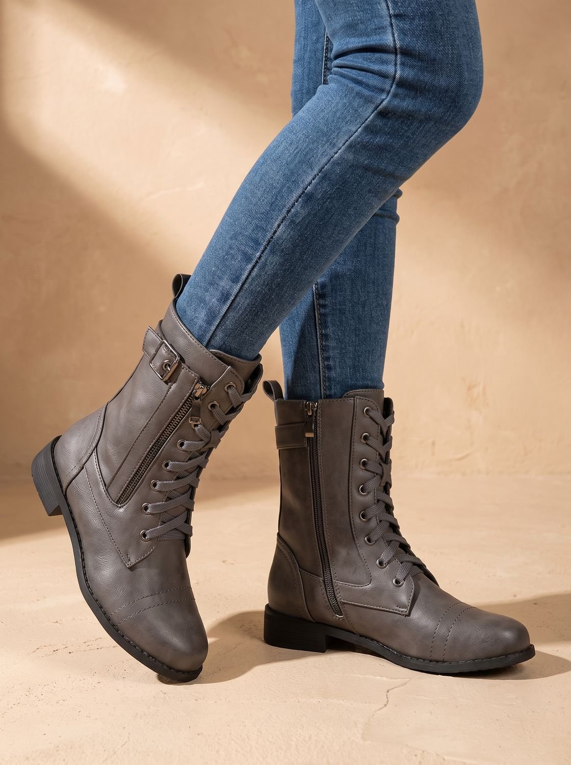 Women's Faux Leather Mid-Calf Combat Boots with Round Toe