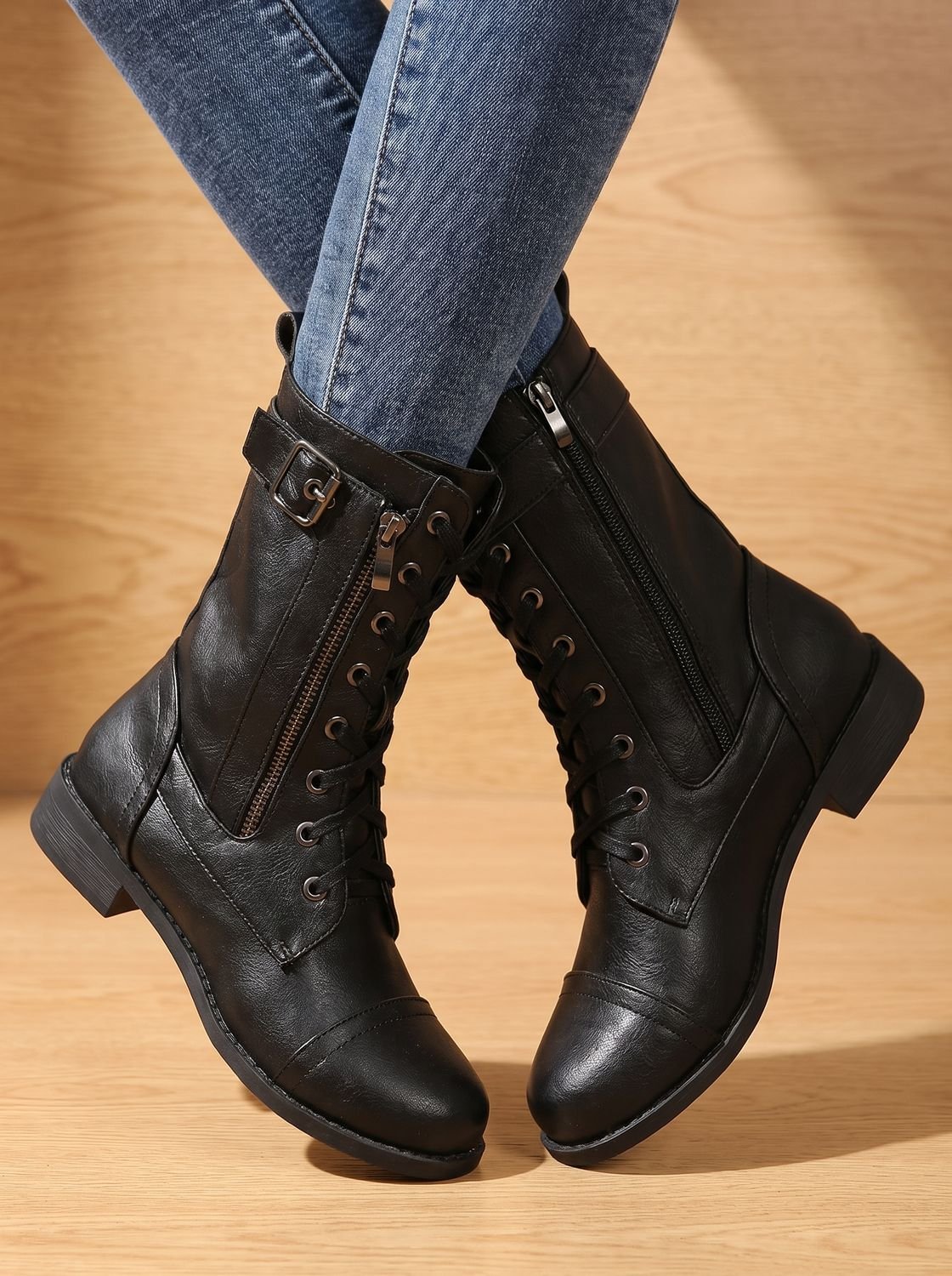 Women's Faux Leather Mid-Calf Combat Boots with Round Toe