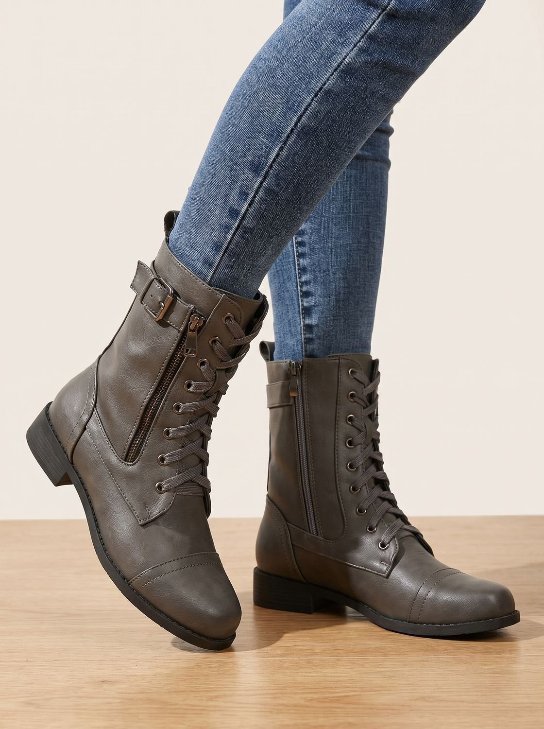 Women's Faux Leather Mid-Calf Combat Boots with Round Toe