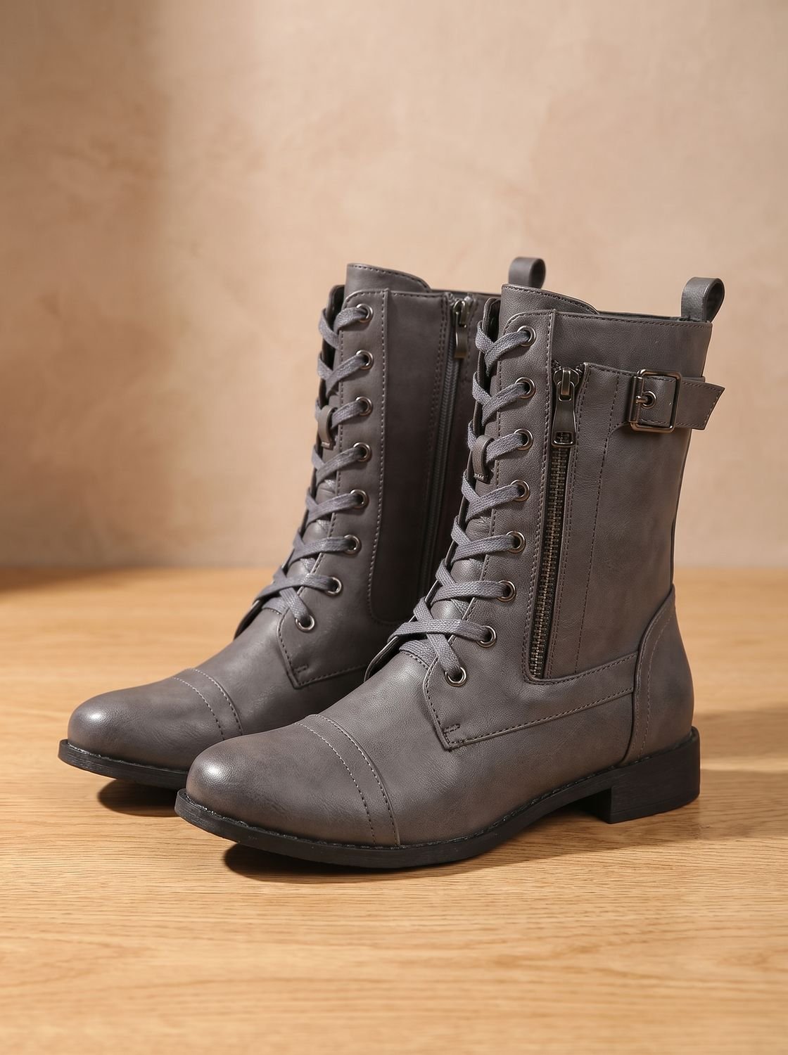 Women's Faux Leather Mid-Calf Combat Boots with Round Toe