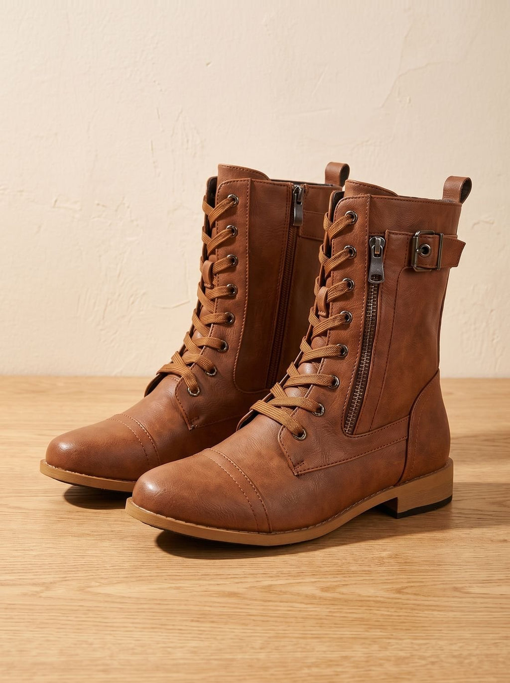 Women's Faux Leather Mid-Calf Combat Boots with Round Toe
