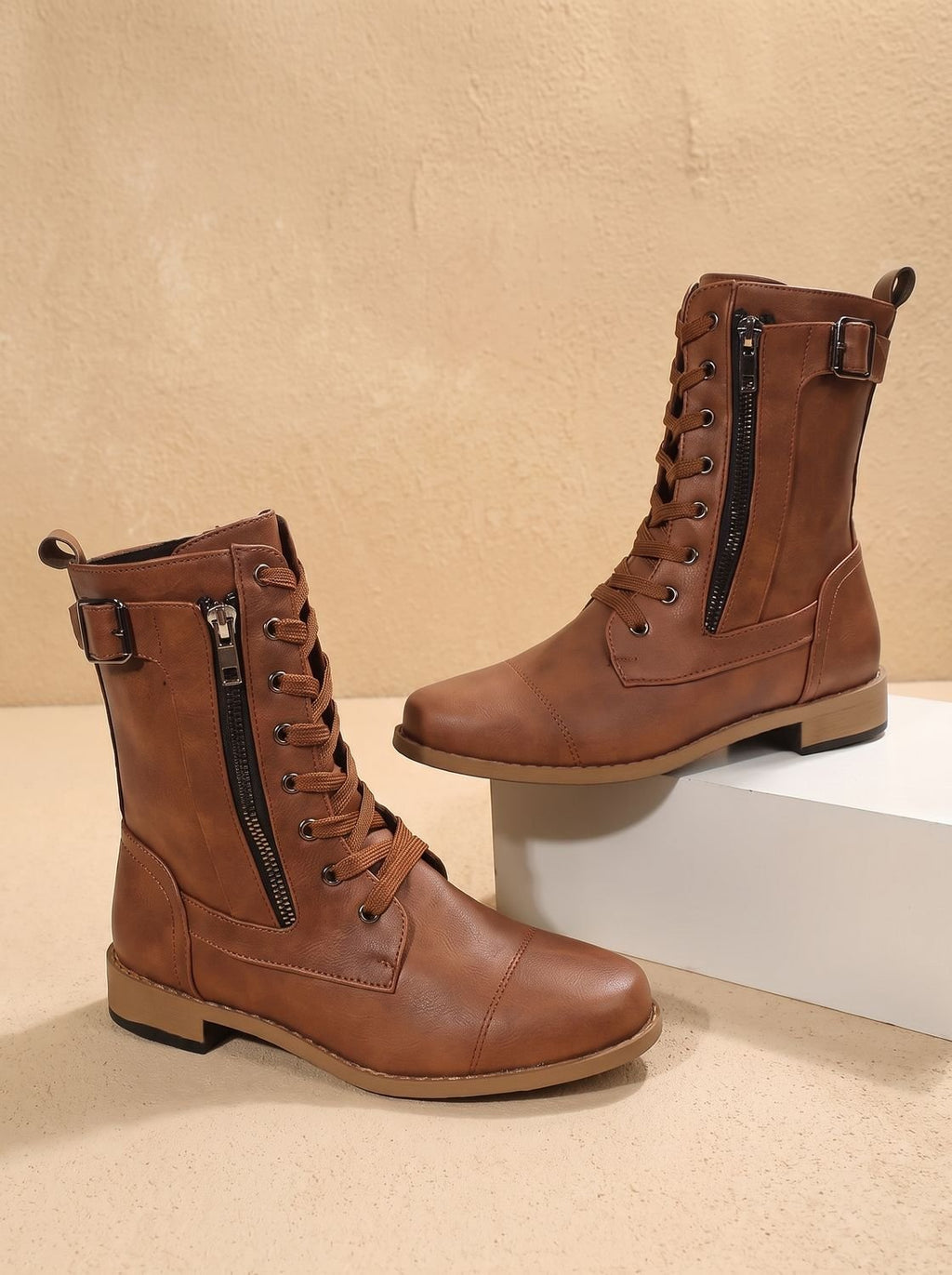 Women's Faux Leather Mid-Calf Combat Boots with Round Toe