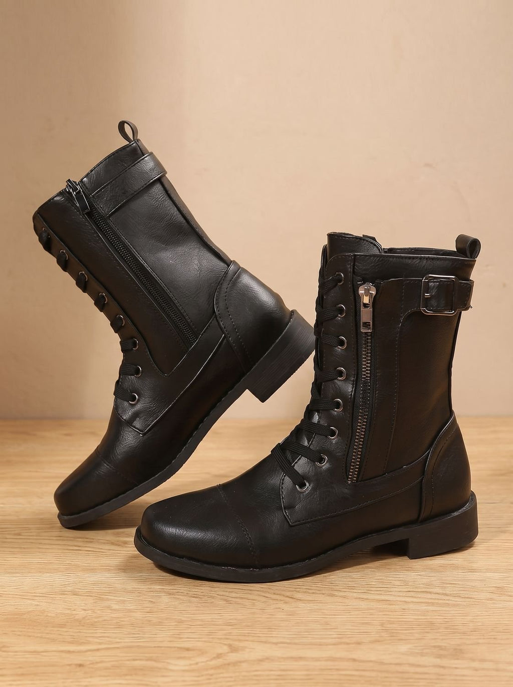 Women's Faux Leather Mid-Calf Combat Boots with Round Toe