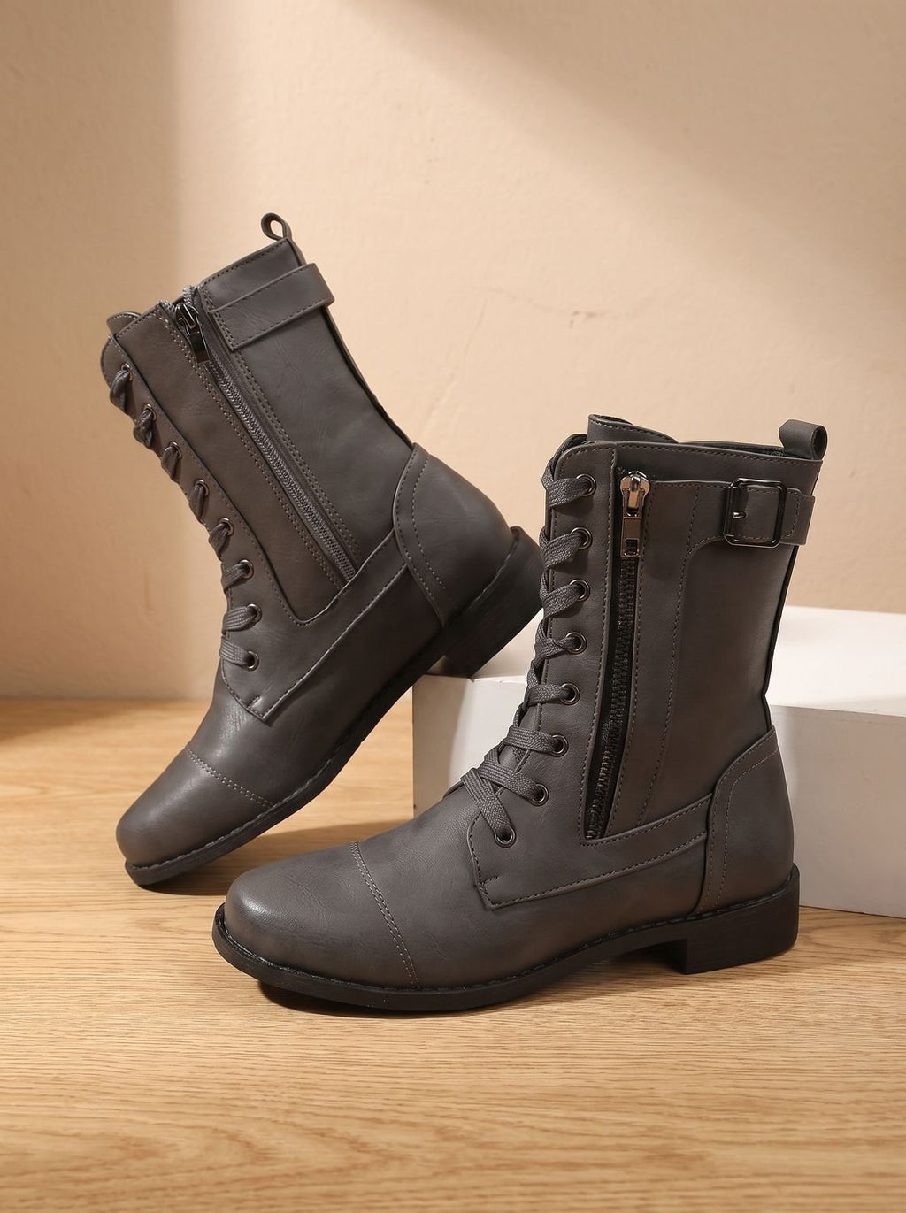 Women's Faux Leather Mid-Calf Combat Boots with Round Toe
