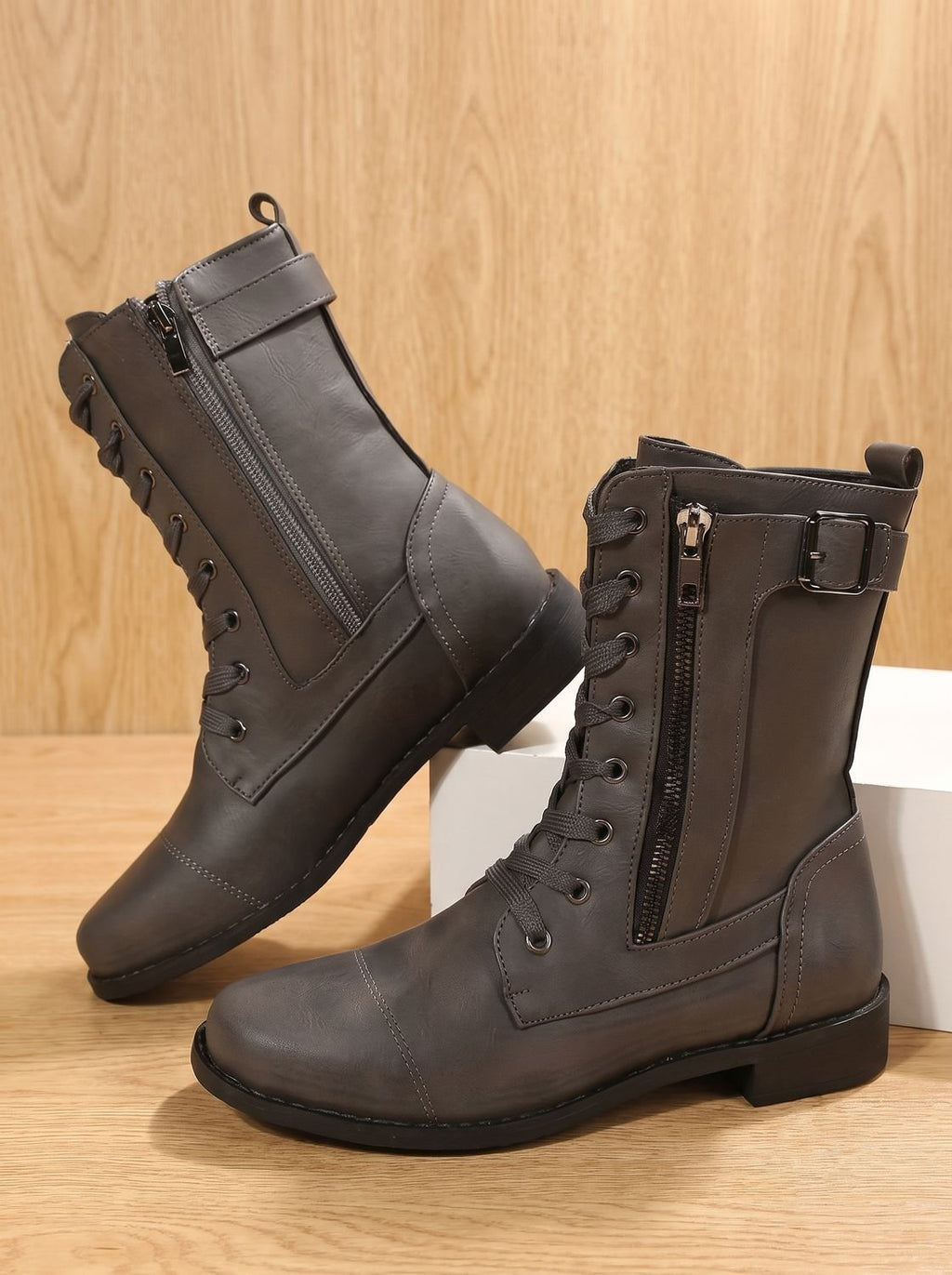 Women's Faux Leather Mid-Calf Combat Boots with Round Toe
