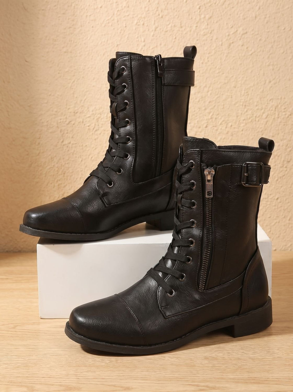 Women's Faux Leather Mid-Calf Combat Boots with Round Toe
