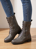 Women's Faux Leather Mid-Calf Combat Boots with Round Toe