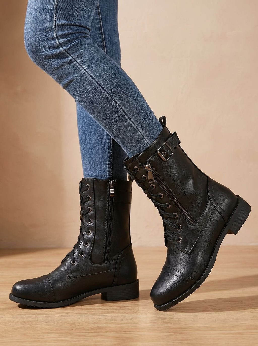 Women's Faux Leather Mid-Calf Combat Boots with Round Toe