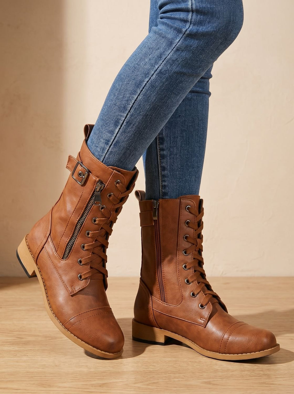 Women's Faux Leather Mid-Calf Combat Boots with Round Toe