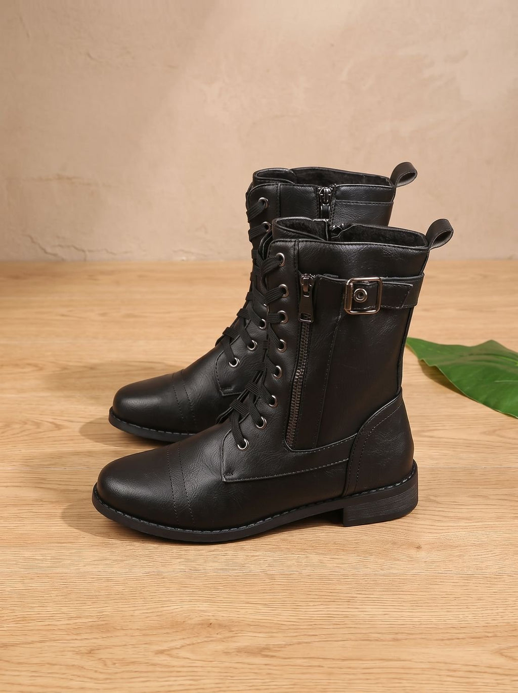Women's Faux Leather Mid-Calf Combat Boots with Round Toe