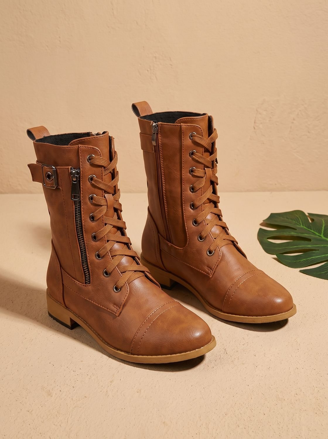 Women's Faux Leather Mid-Calf Combat Boots with Round Toe