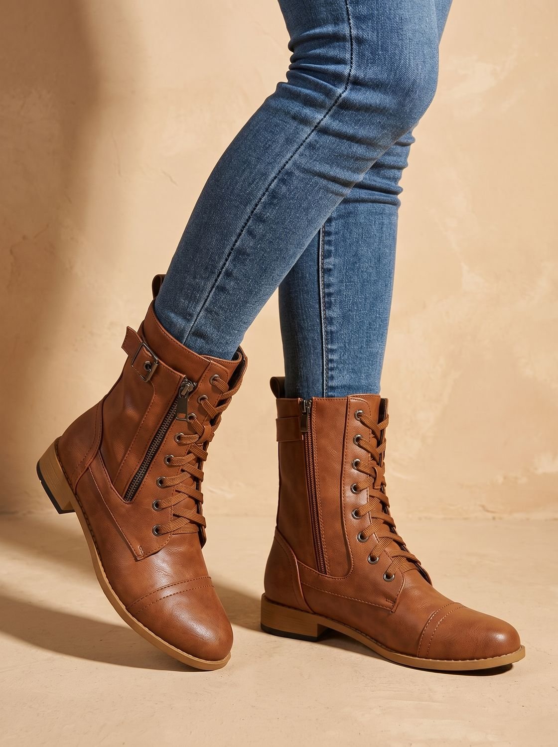 Women's Faux Leather Mid-Calf Combat Boots with Round Toe