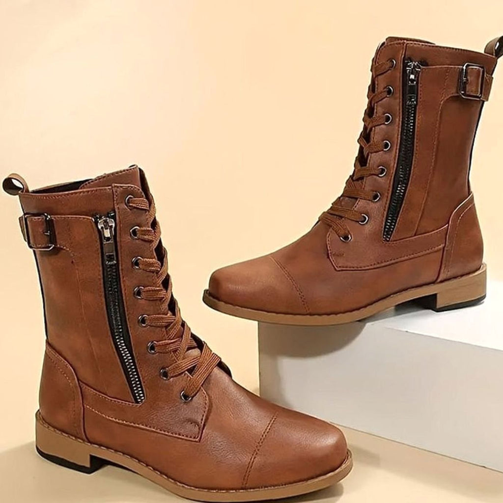 Women's Faux Leather Combat Boots with Full-Length Side Zip