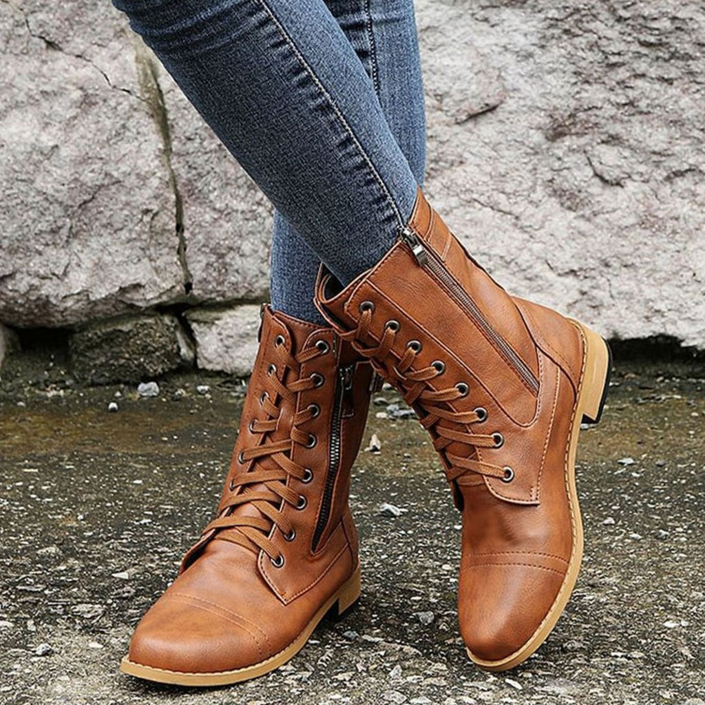 Women's Faux Leather Combat Boots with Full-Length Side Zip