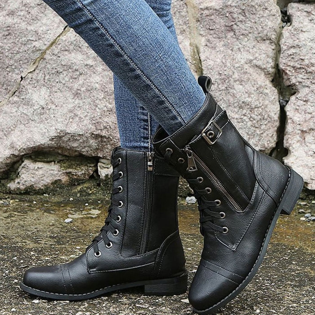 Women's Faux Leather Combat Boots with Full-Length Side Zip