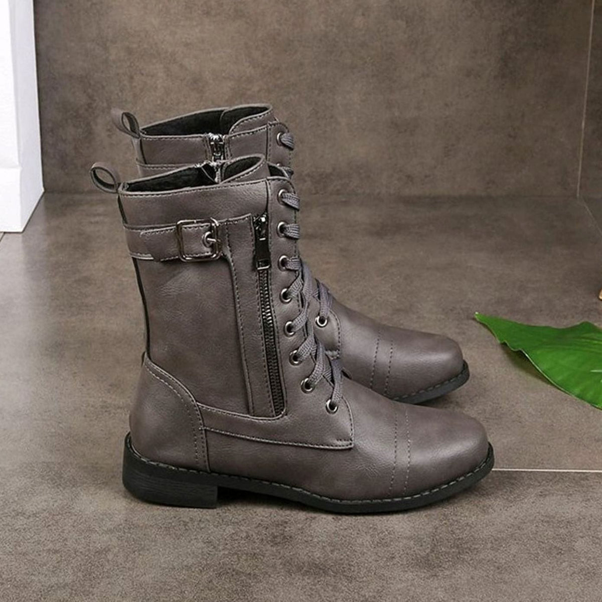 Women's Faux Leather Combat Boots with Full-Length Side Zip